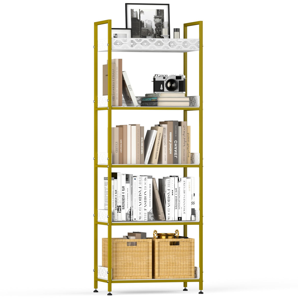 5 Tier Gold Bookshelves Bookcase, Narrow Freestanding Standing Storage Shelves