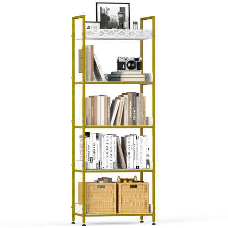 5 Tier Gold Bookshelves Bookcase, Narrow Freestanding Standing Storage Shelves