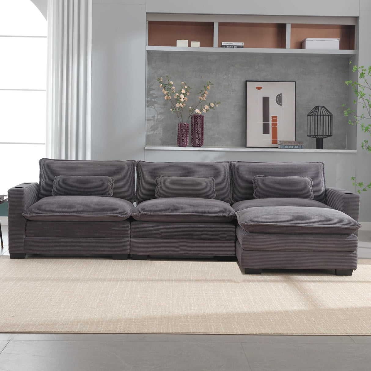 Corduroy Cloud Sectional Couch, Modern Comfy Modular L-Shaped Sectional Sofa