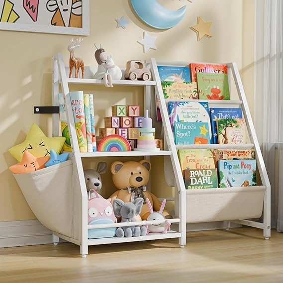 Kids Bookshelf and Toy Storage, Kids Book Sling Shelf, Montessori Baby Toddler Bookshelf