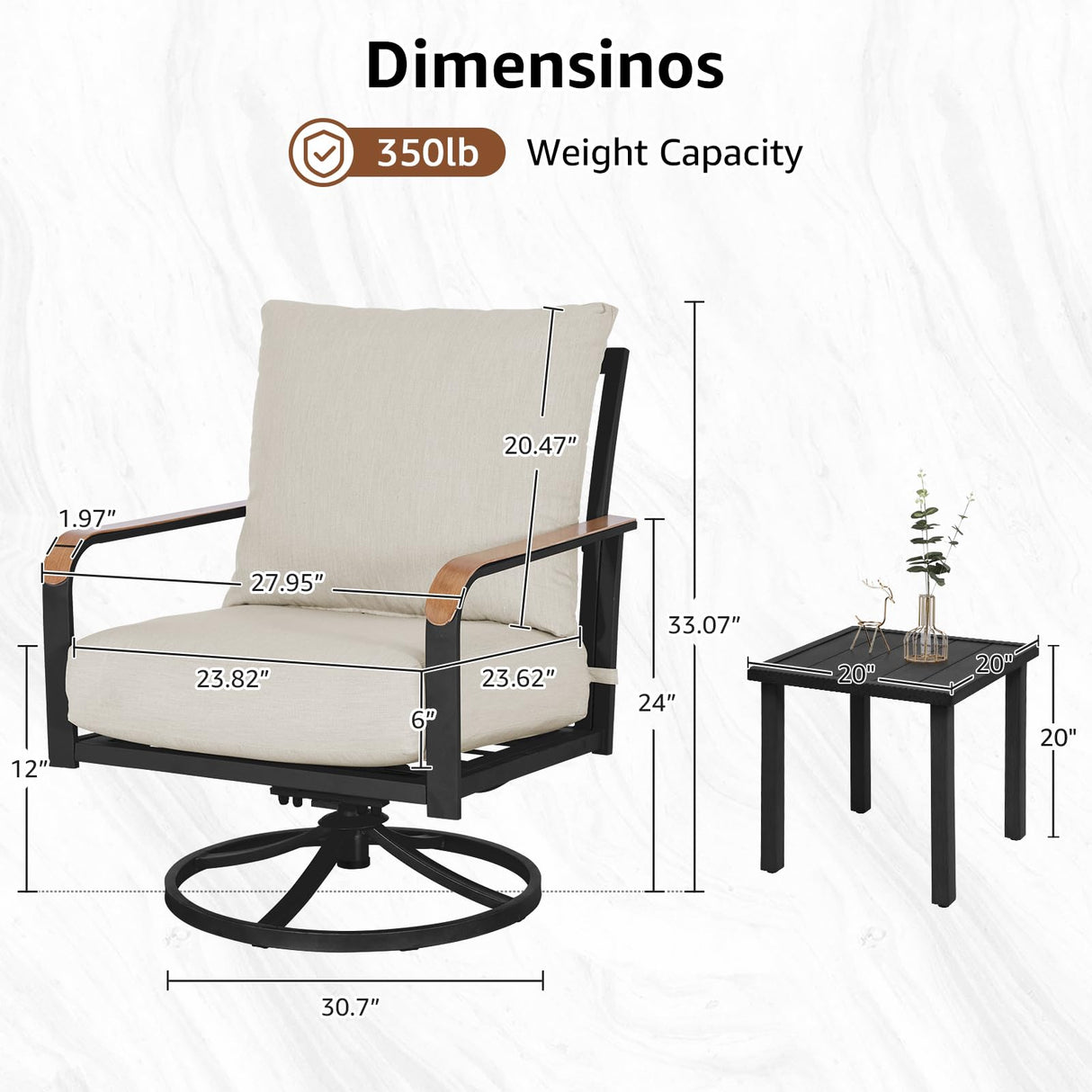 NATURAL EXPRESSIONS Outdoor Bistro Set, 3 Piece Swivel Glider Rocking Chairs Patio Conversation Furniture Set with 2 Rockers, 1 Metal Table and 6" Thick Cushions for Backyard, Porch, Balcony, 350lbs.