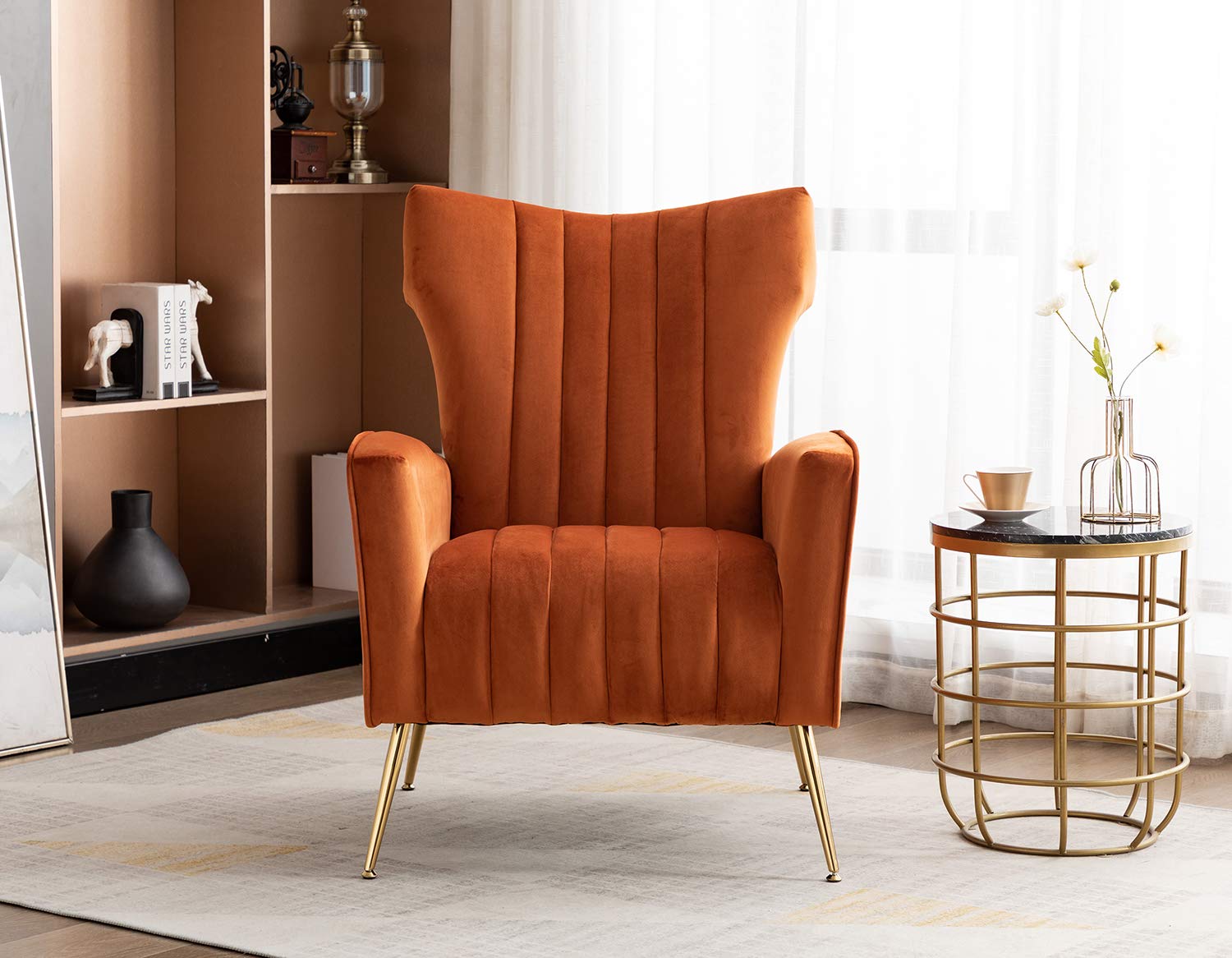 Accent Chair with Metal Gold Legs Velvet Upholstered Arm Club Leisure Modern Chair for Living Room Bedroom Patio, Caramel Color,
