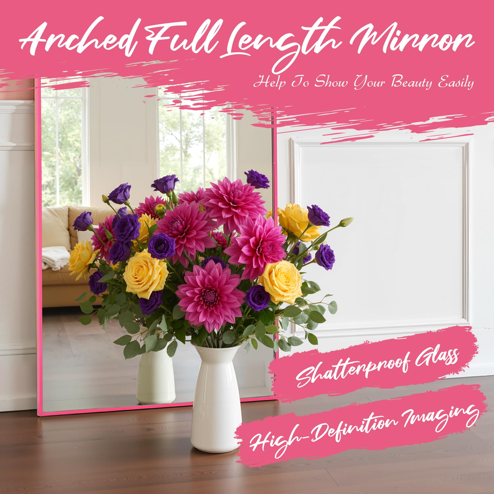 Arched Full Length Mirror 19x57 - Pink Aluminum Frame Floor Mirror