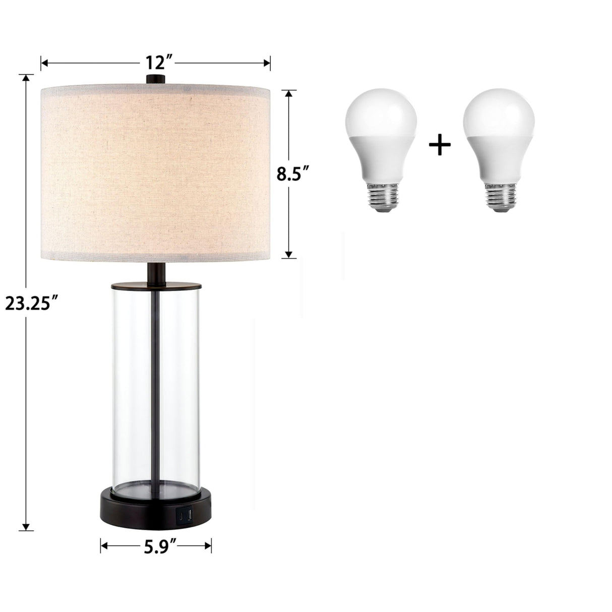 23.5'' Glass Table Lamp Set of 2 for Living Room with USB Ports and AC Outlets