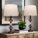 QIANLU Traditional Rustic Farmhouse Table Lamps Set of 2 Coffee Gold 27" high Iron Scroll Tapered and Crystal Lamp Body with A+C USB Charging Ports for Living Room Bedroom Bedside Nightstand