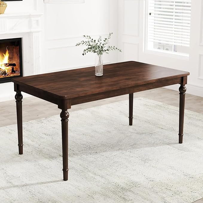 Table for 4-6 People, Rustic Solid Wood Rectangular Kitchen Table with Turned Legs