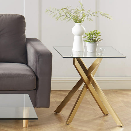 Modern Style Square Side Table with Tempered Glass Top and Metal Tubular Legs