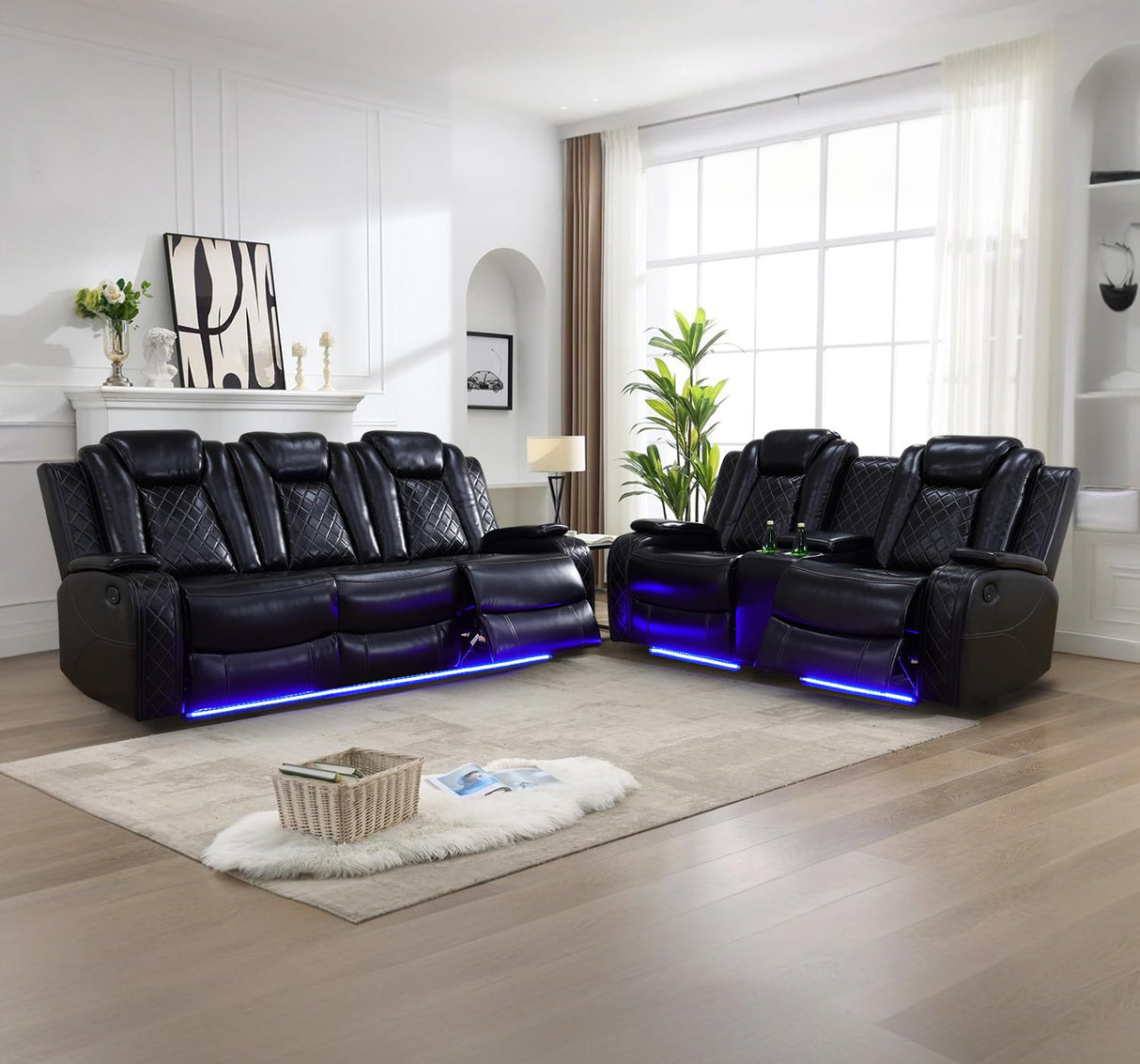 Leather Recliner Sofa Set with LED Lights,Power Reclining Sofa and Loveseat Set