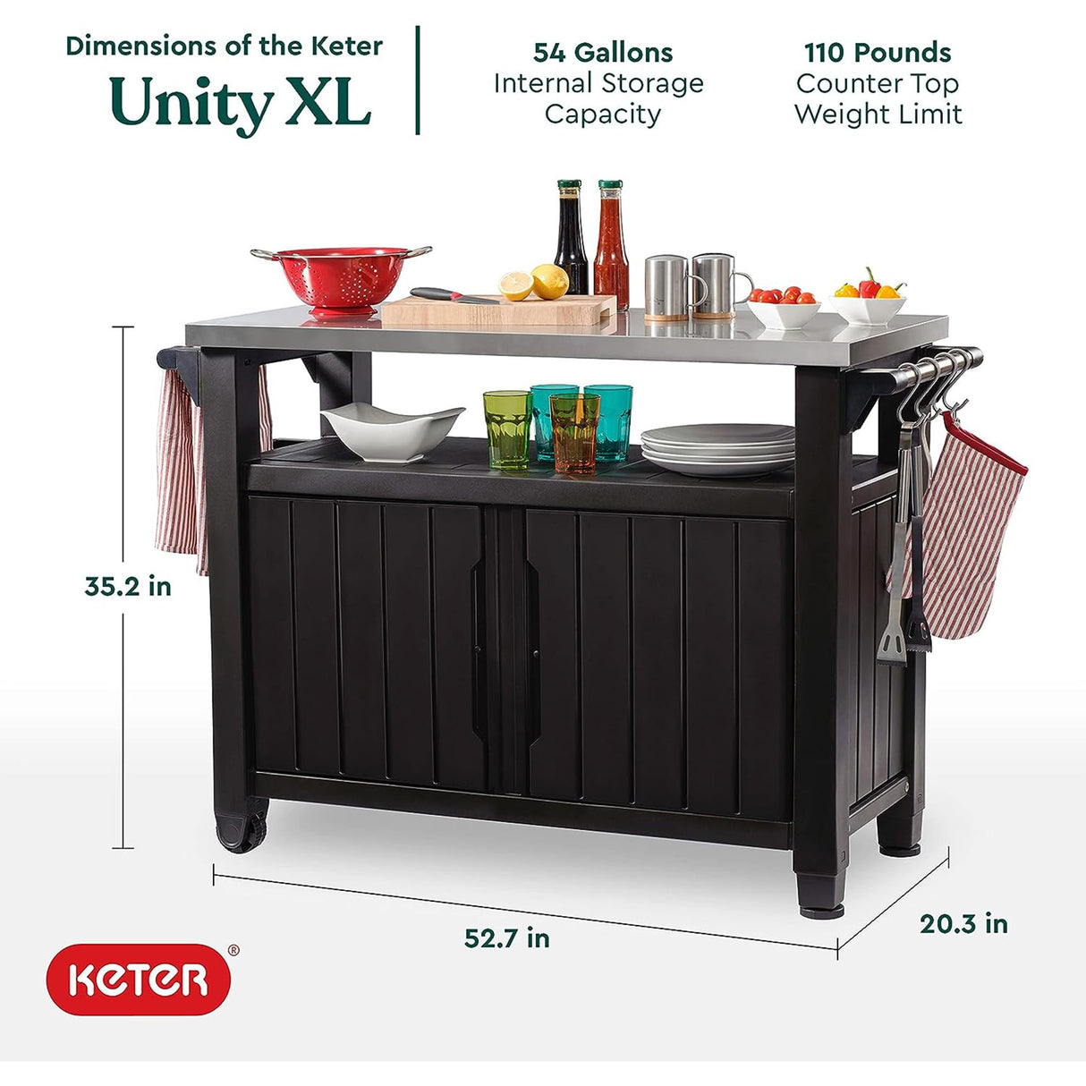 Unity XL Outdoor Kitchen Rolling Bar Cart with Storage Cabinet, Brown