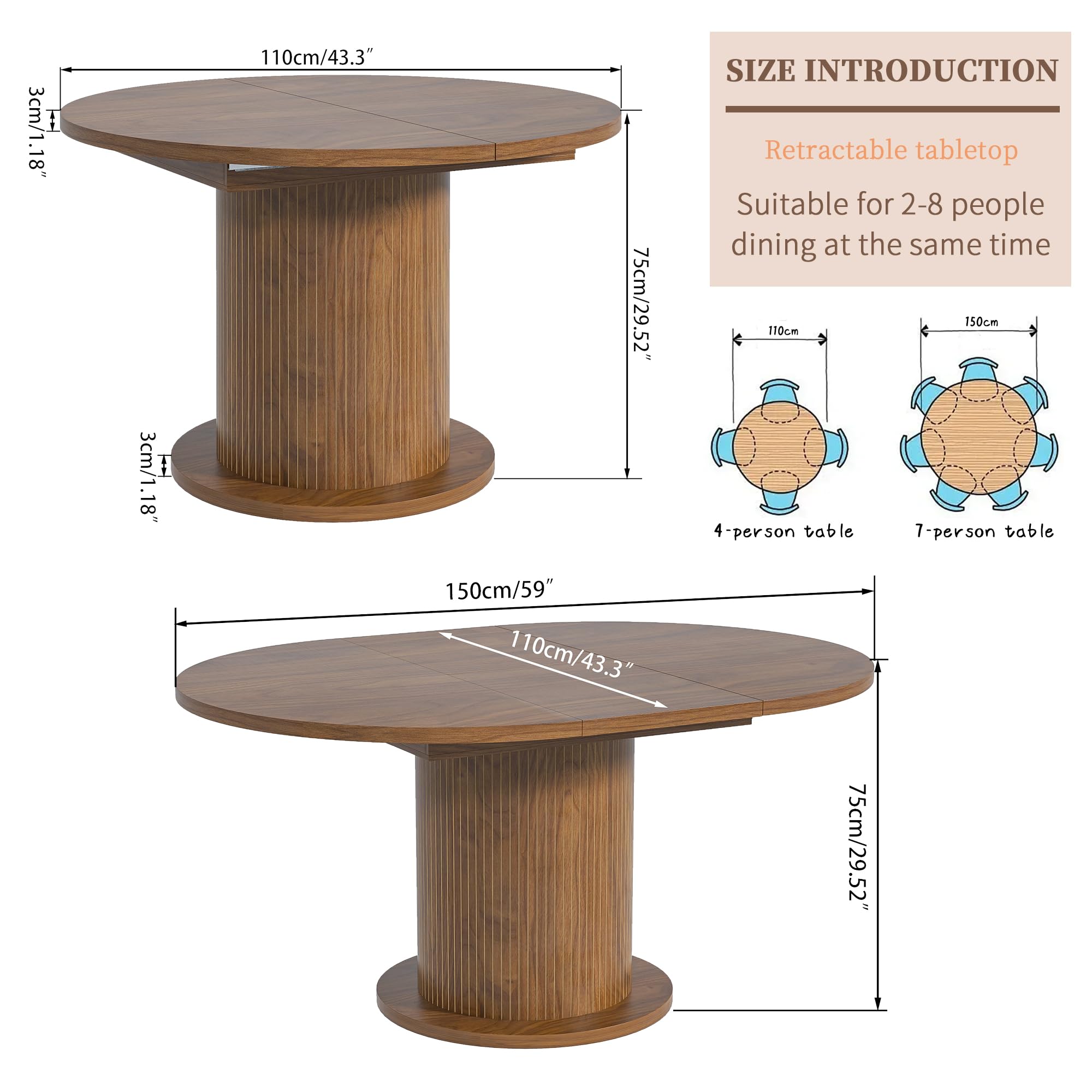 Adjustable Round Dining Table 43-59 Inch for 4-6 People