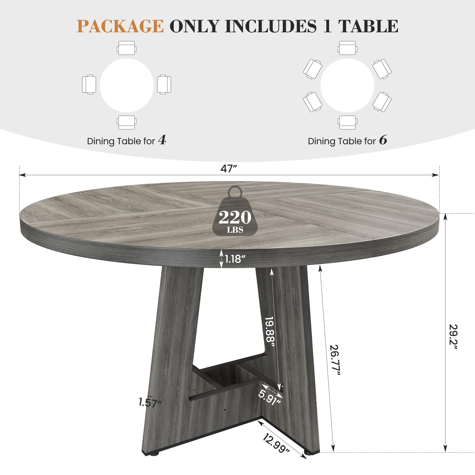 47 Inch Round Dining Table for 4 with Wooden Pedestal Base