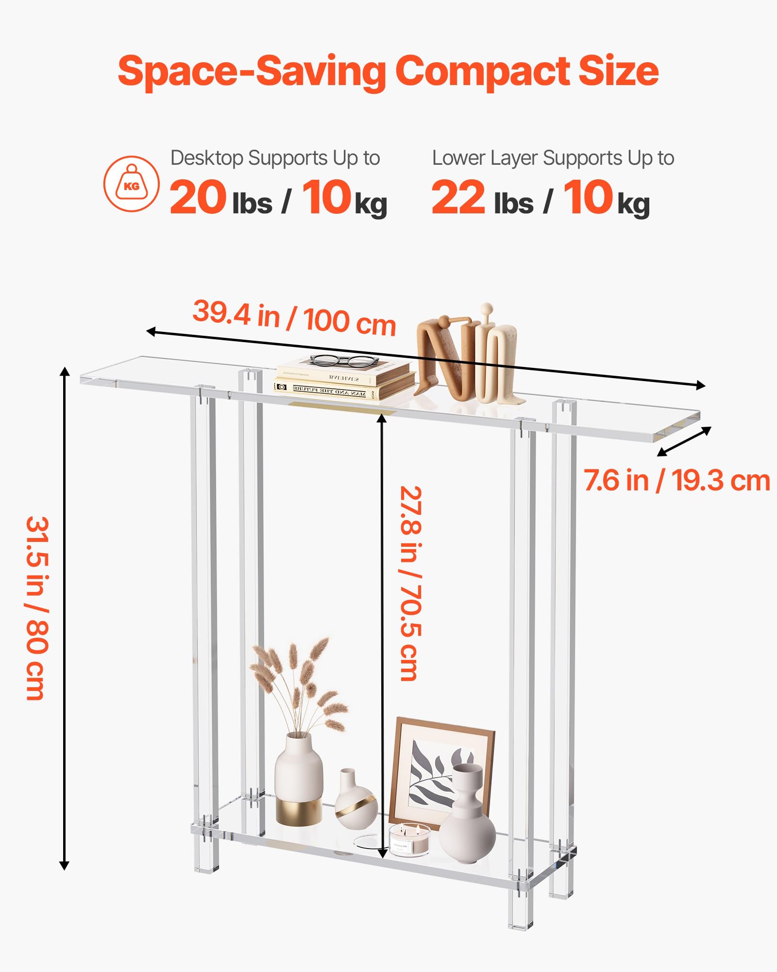 Clear Acrylic Console Table - 2-Tier Narrow Entryway Table 39.4" W
