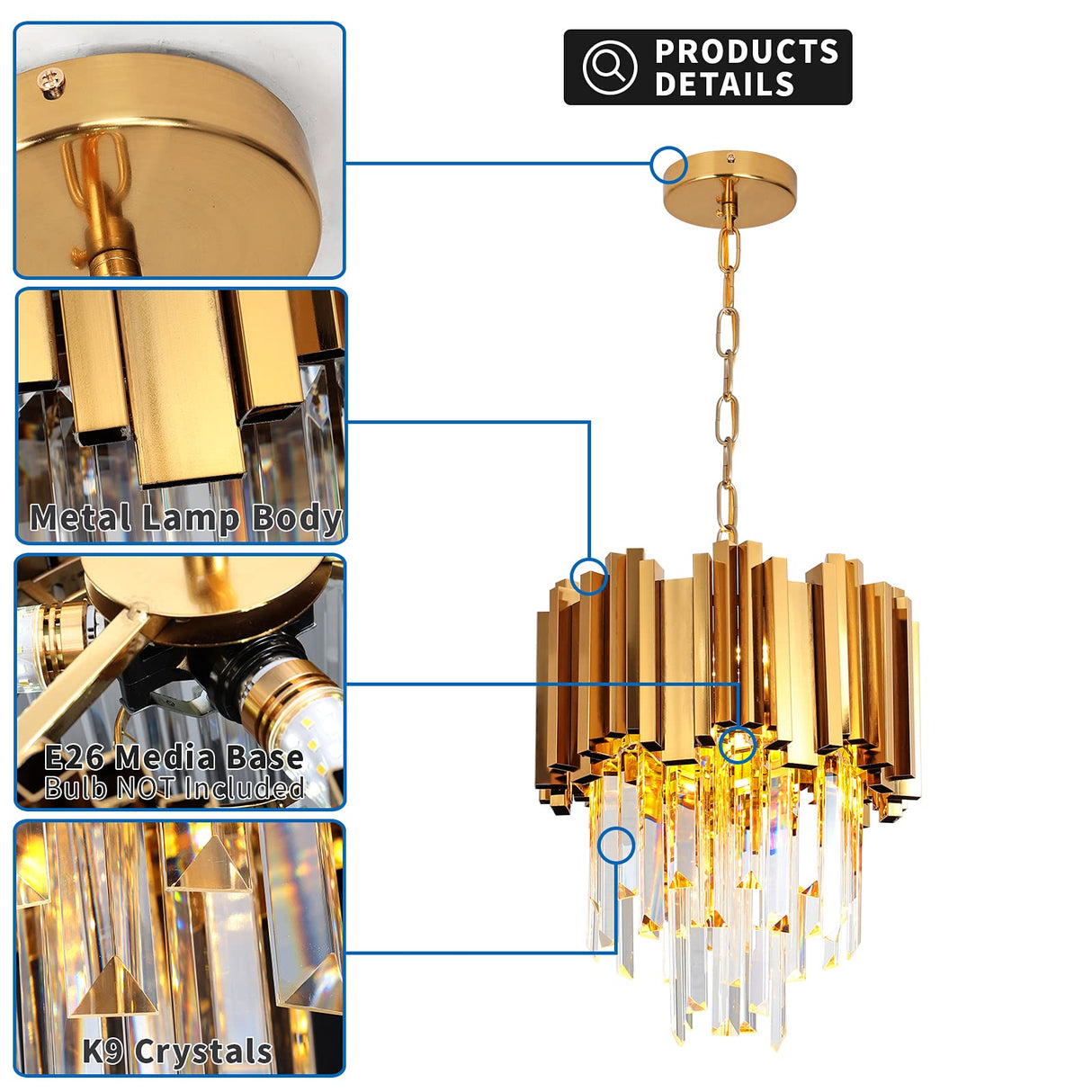 Modern Crystal Chandelier Round Crystal Pendant Light, Gold Crystal Pendant Light