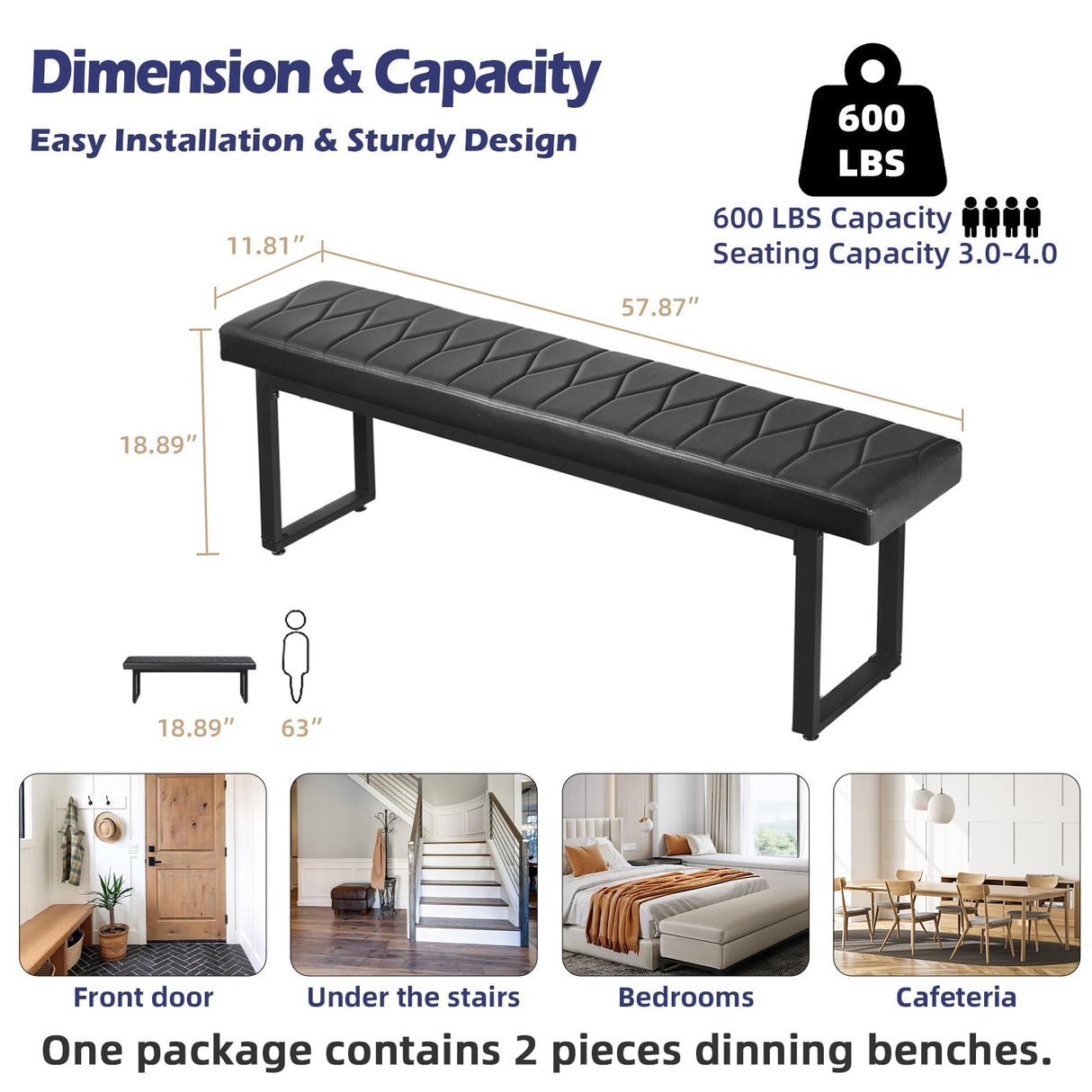 58” Padded Dining Table Bench Pair of 2 for 6-8 Person,