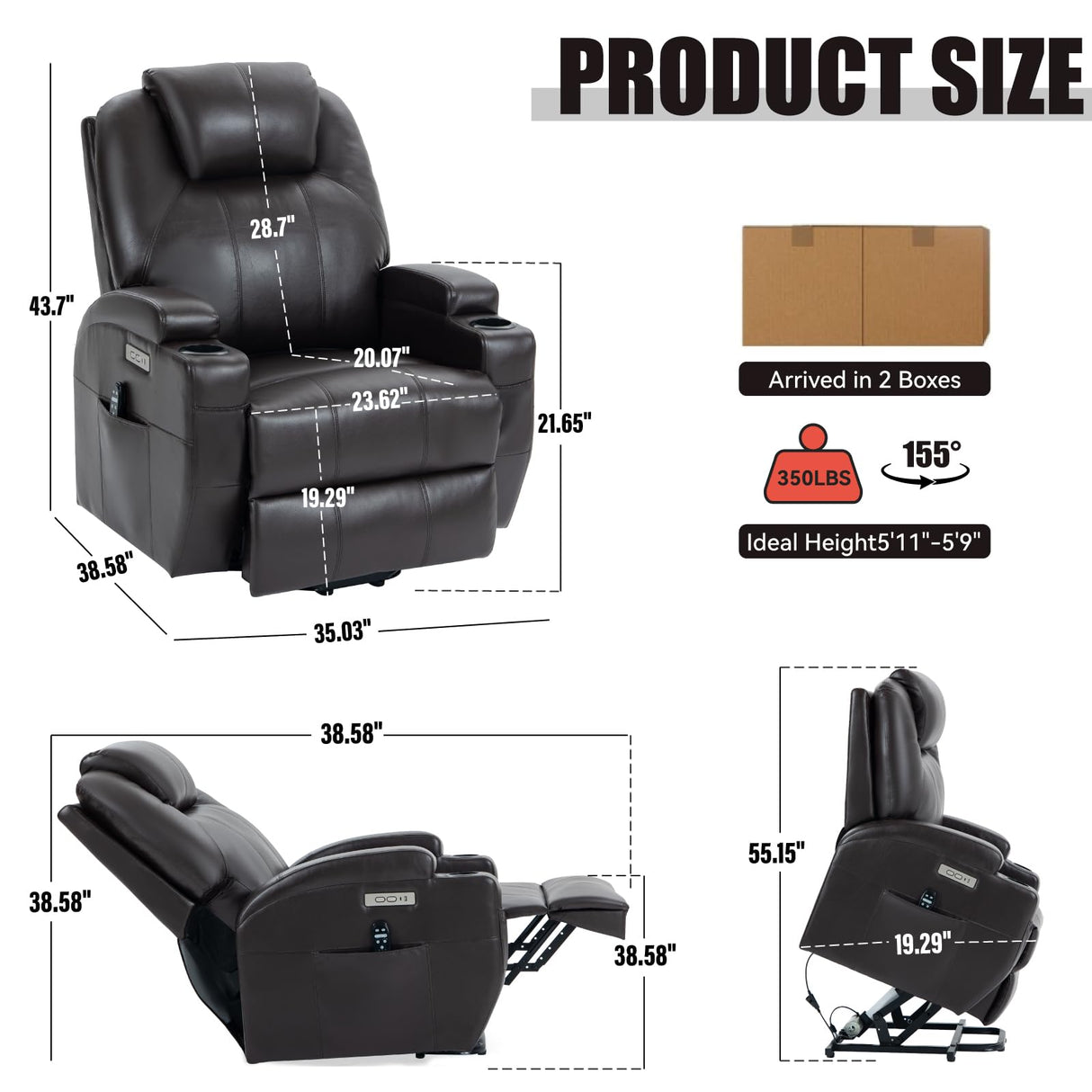 Power Lift Chair for Elderly,PU Leather Electric Recliner w/Massage and Heating