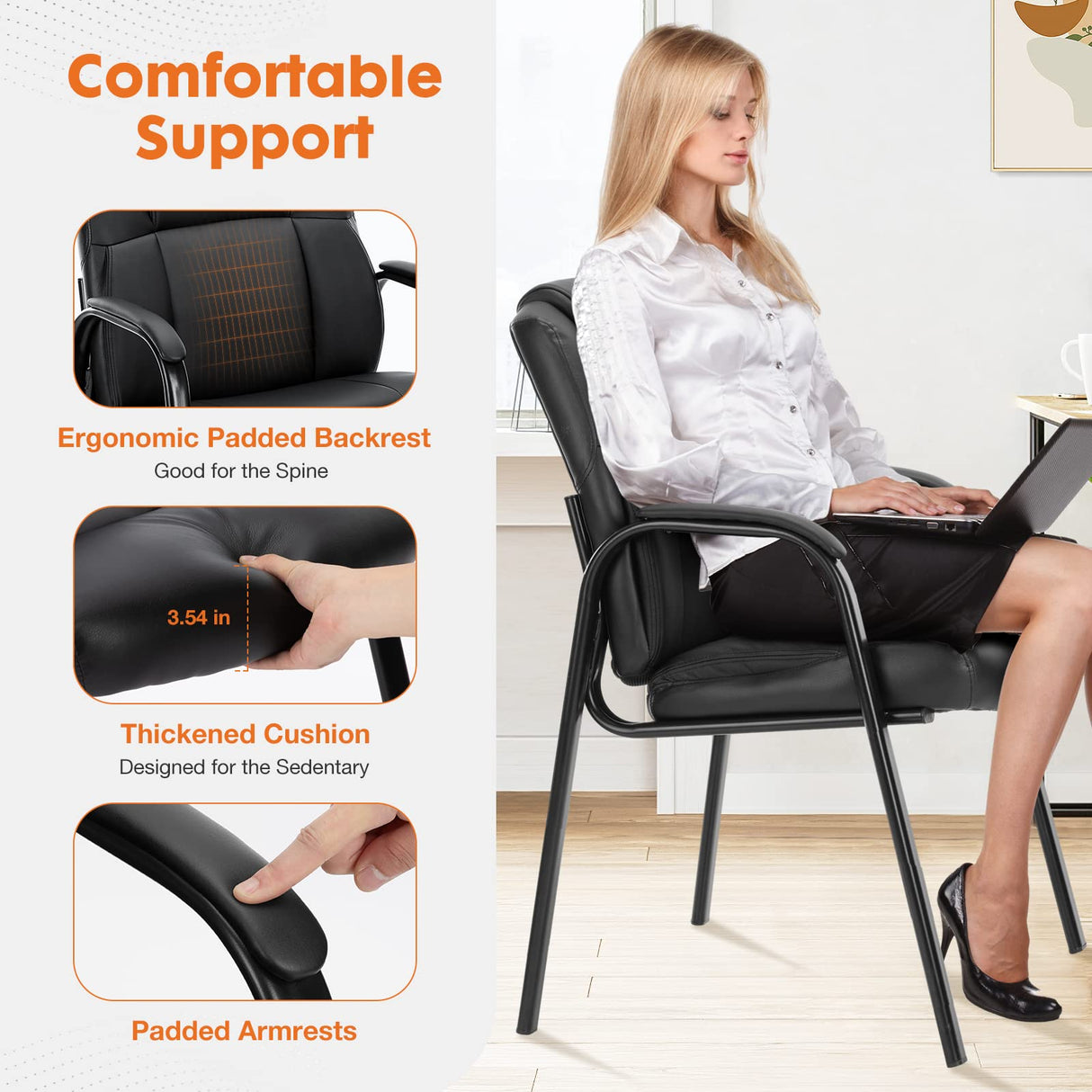 Leather Guest Chair Set of 2 with Padded Arms, Comfy Waiting Room Chairs