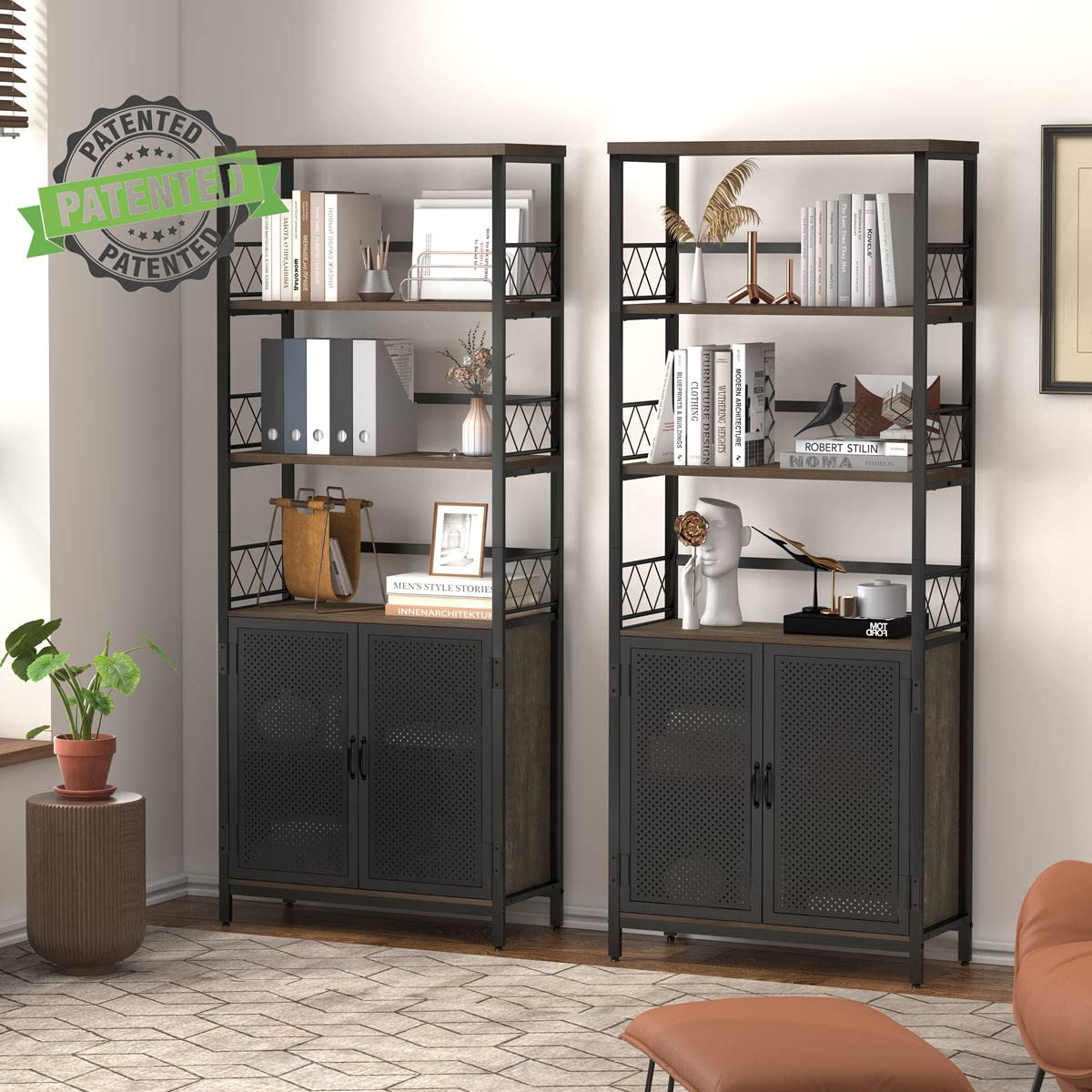 Farmhouse Bookshelf with Storage, Industrial Tall Book Shellf with Doors, Rustic Wood Bookcase with Cabinet for Home Office, Living Room, Classroom (Walnut Brown)