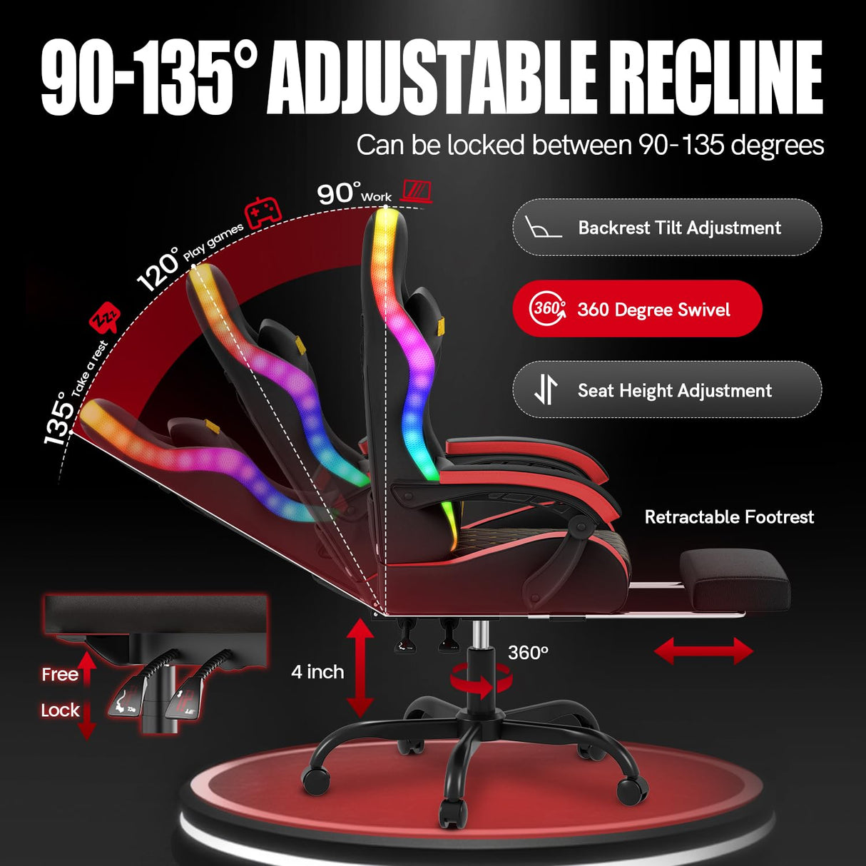 RGB LED Gaming Chair with Footrest - Ergonomic High Back Reclining Computer Chair