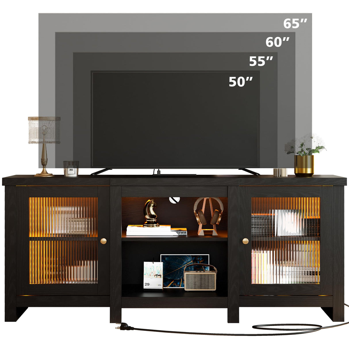 TV Stand for 65 inch TV, Entertainment Center with Power Outlet and LED Light,