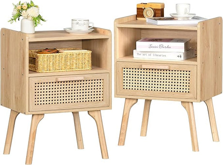 Rattan Nightstands Set of 2, Boho Side Table with Drawer Open Shelf, Cane Accent Bedside End Table with Solid Wood Legs for Bedroom, Dorm and Small Spaces (Brown)