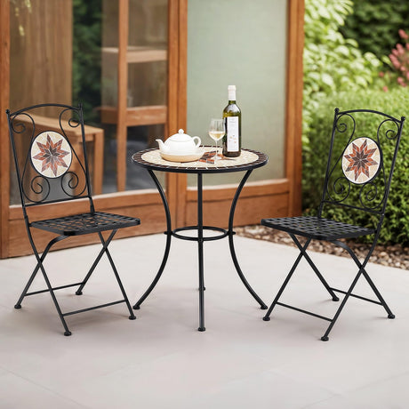 3 Pieces Patio Bistro Sets, Outdoor Mosaic Bistro Set with 2 Folding Chairs, Mosaic Round