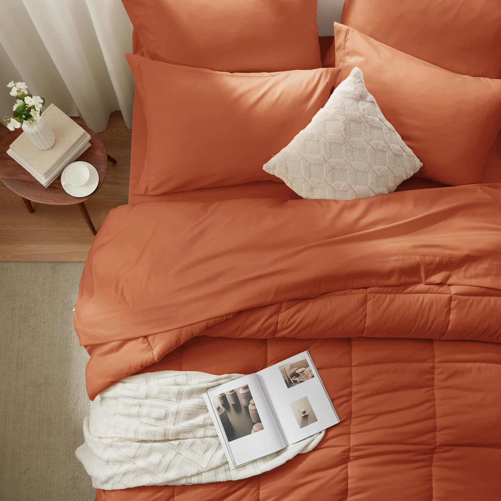 Queen Comforter Set 7 Piece, Burnt Orange Bed in a Bag with Sheets, Comforters Queen Size Bedding Sets with 1 Comforter,