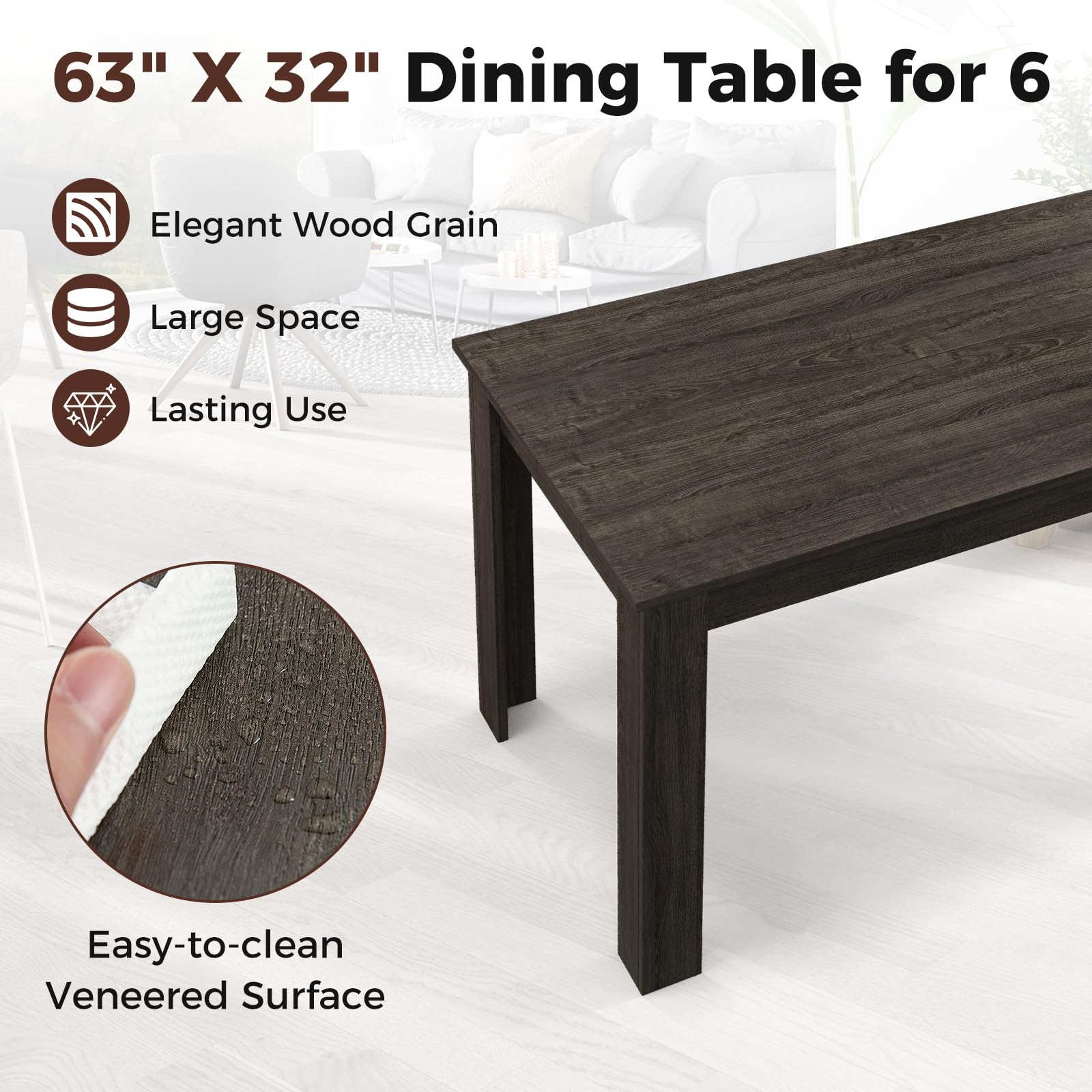 63 Inch Rectangular Dining Table for 4-6 People
