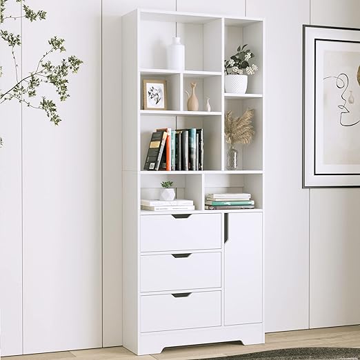 Stylish Black Bookshelf, 71" Tall Bookshelf with Doors and 3 Drawers, Wood Bookshelf