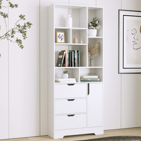 Stylish White Bookshelf, 71" Tall Bookshelf with Doors and 3 Drawers