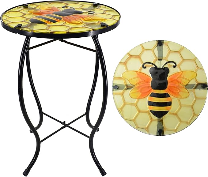 NewVees Peacock Patio Side Table, Small Patio Outdoor Side Table, Plant Table,Metal Glass End Table for Porch Garden Yard Pool.