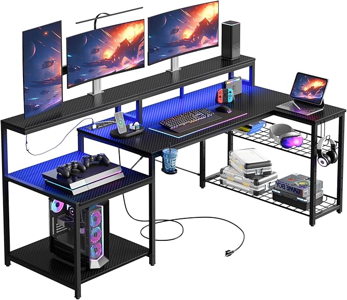 Gaming Desk with Power Outlet, 71.5 inch LED Computer Desk with Monitor Stand