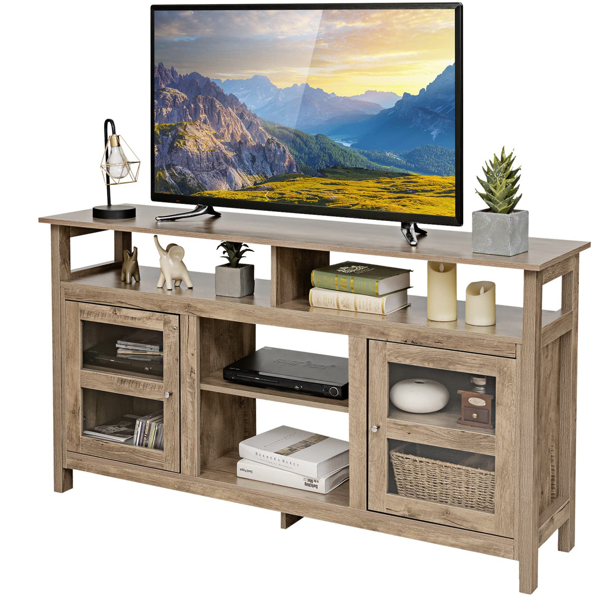 Farmhouse TV Stand for TVs up to 65" Flat Screen, Wooden TV Console Table w/2