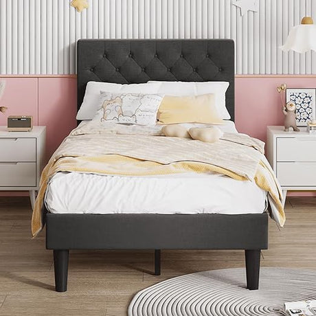 Upholstered Bed Frame Queen, Linen Platform Bed with Button Tufted Headboard