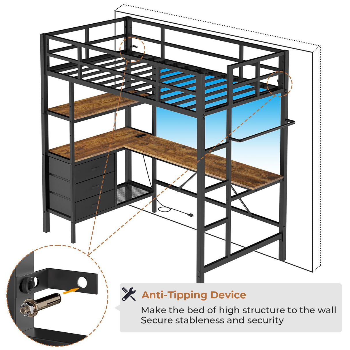 Twin Metal Loft Bed with L-Shaped Desk, LED Lights