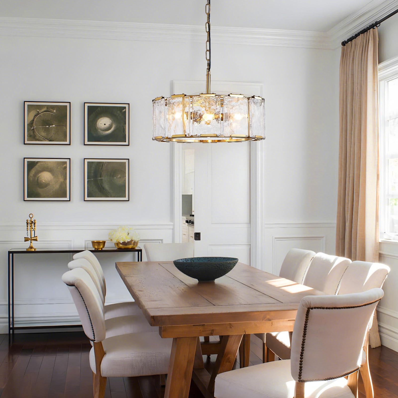 Gold Glass Drum Chandeliers for Dining Room, 17" Gold Chandelier