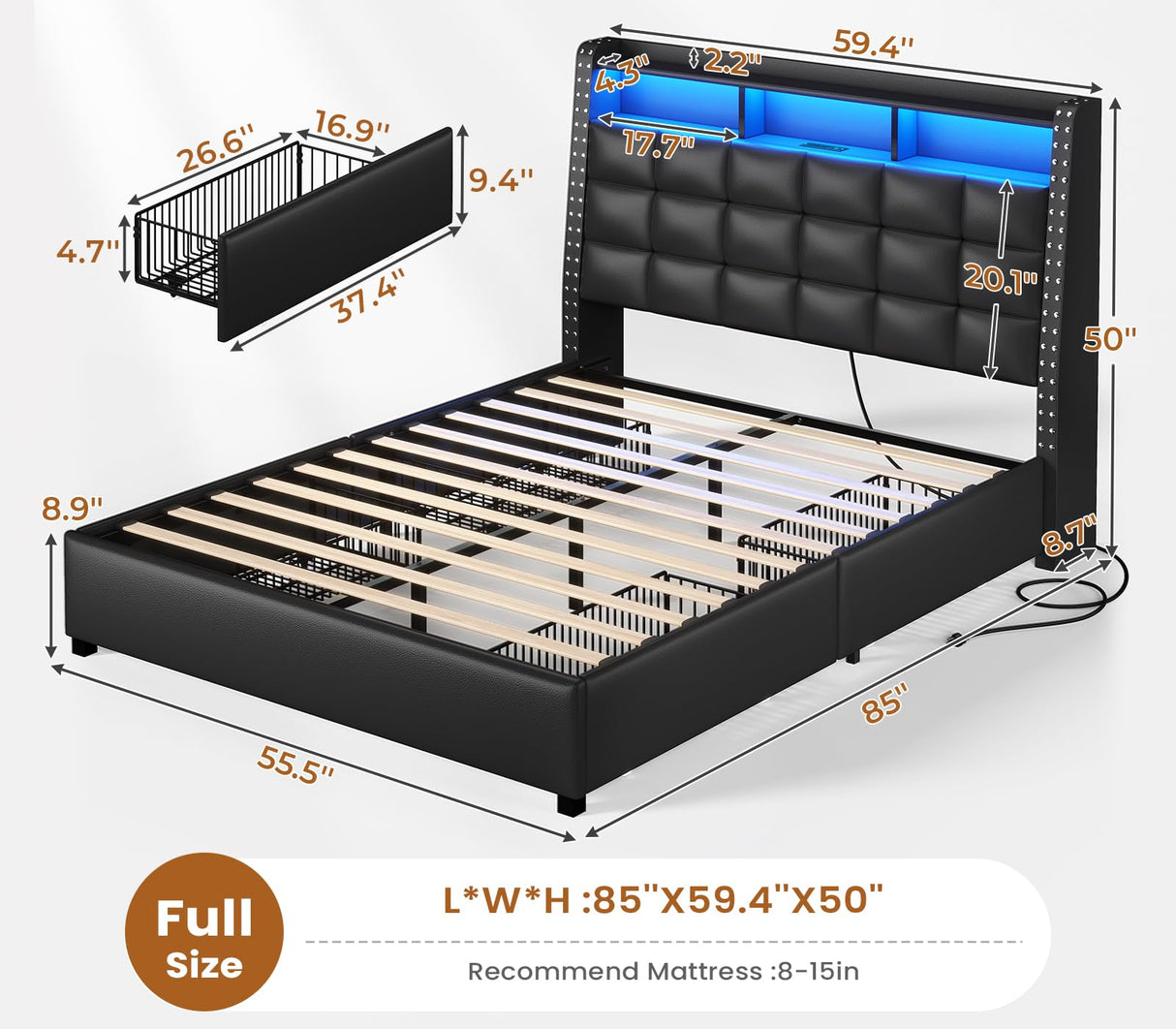 Full Size Bed Frame with Storage Headboard and 4 Drawers, 50" High Upholstered