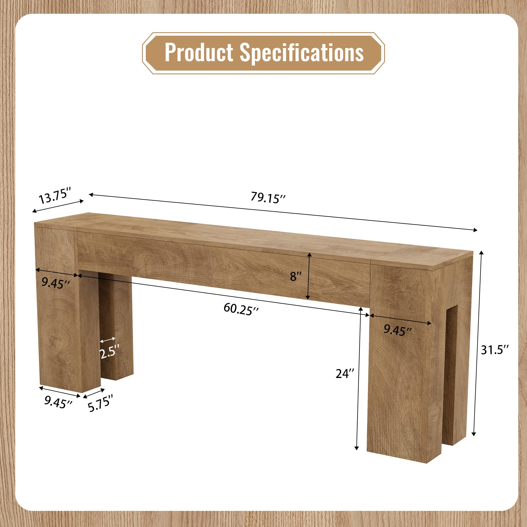 79-Inch Farmhouse Sofa Console Table - Natural Oak
