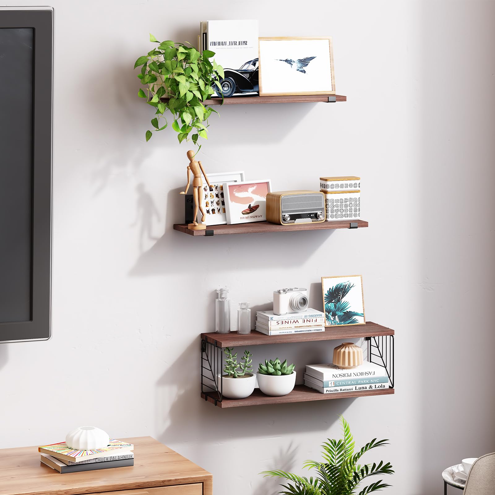 3+1 Tier Bathroom Floating Shelves Over Toilet, 15.8in Farmhouse Rustic Wood Shelves