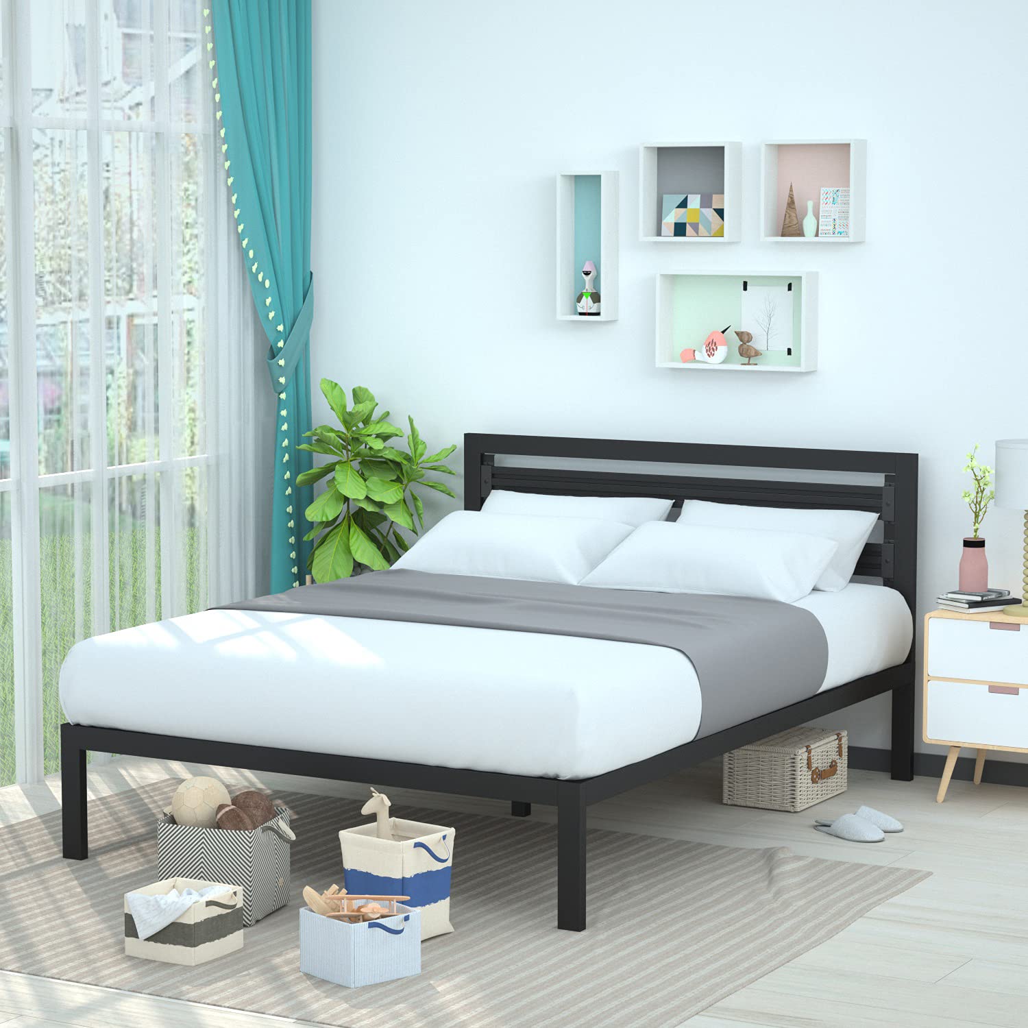 Industrial Metal Bed Frame with Headboard - Queen, Black