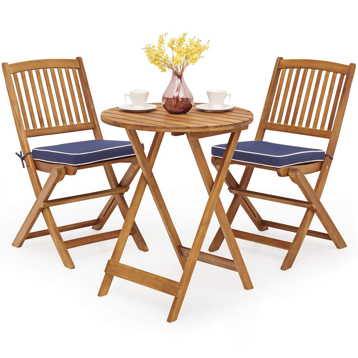 3 PCS Patio Folding Bistro Set, Outdoor Acacia Wood Chair