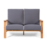 Eartha Outdoor Loveseat Set with Coffee Table, Teak Finish, Dark Gray