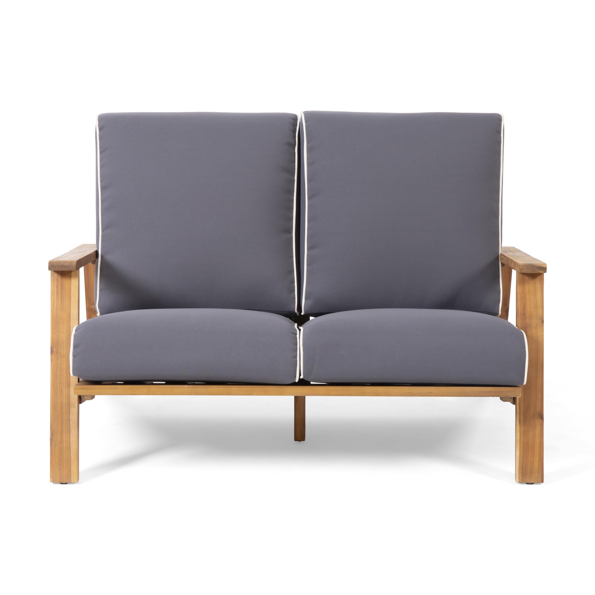 Eartha Outdoor Loveseat Set with Coffee Table, Teak Finish, Dark Gray