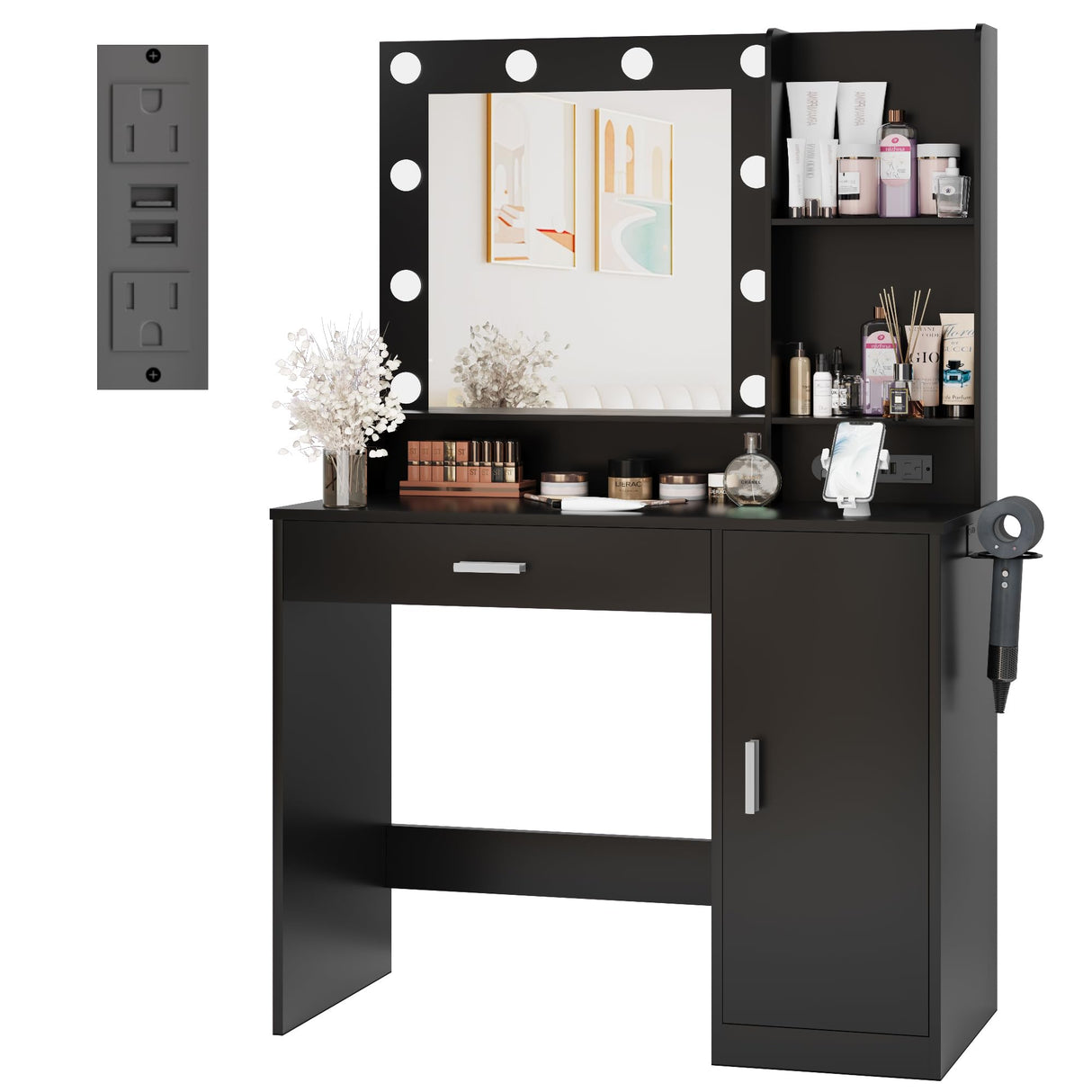 Desk with LED Lighted Mirror, Makeup Table with Hairdryer Holder and Power Outlet,