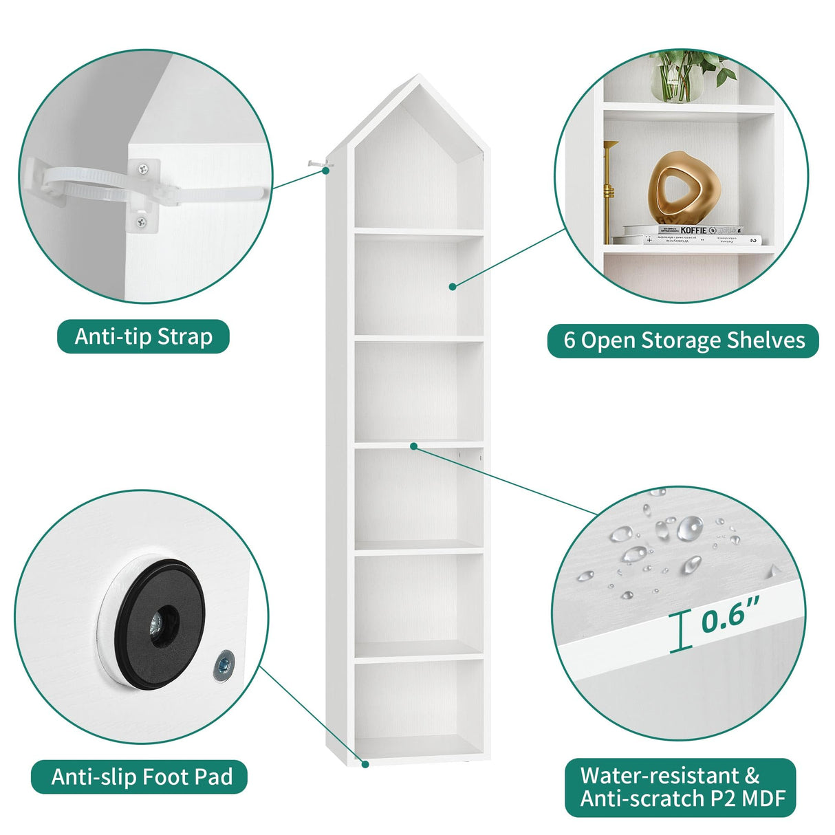 73" Tall Narrow Bookshelf, Modern Open 5 Tier Bookcase, Wooden Shelf Stand for Small