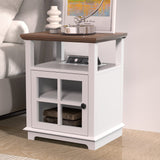 End Table with Charging Station, Side Table with Storage, White Nightstand