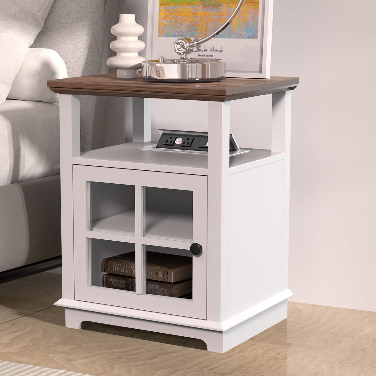 End Table with Charging Station, Side Table with Storage