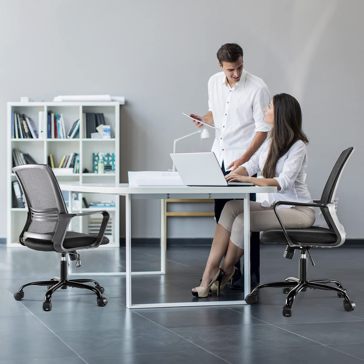 Home Office Computer Desk Chairs Mid Back, Rolling Swivel with Lumbar Support and Armrests