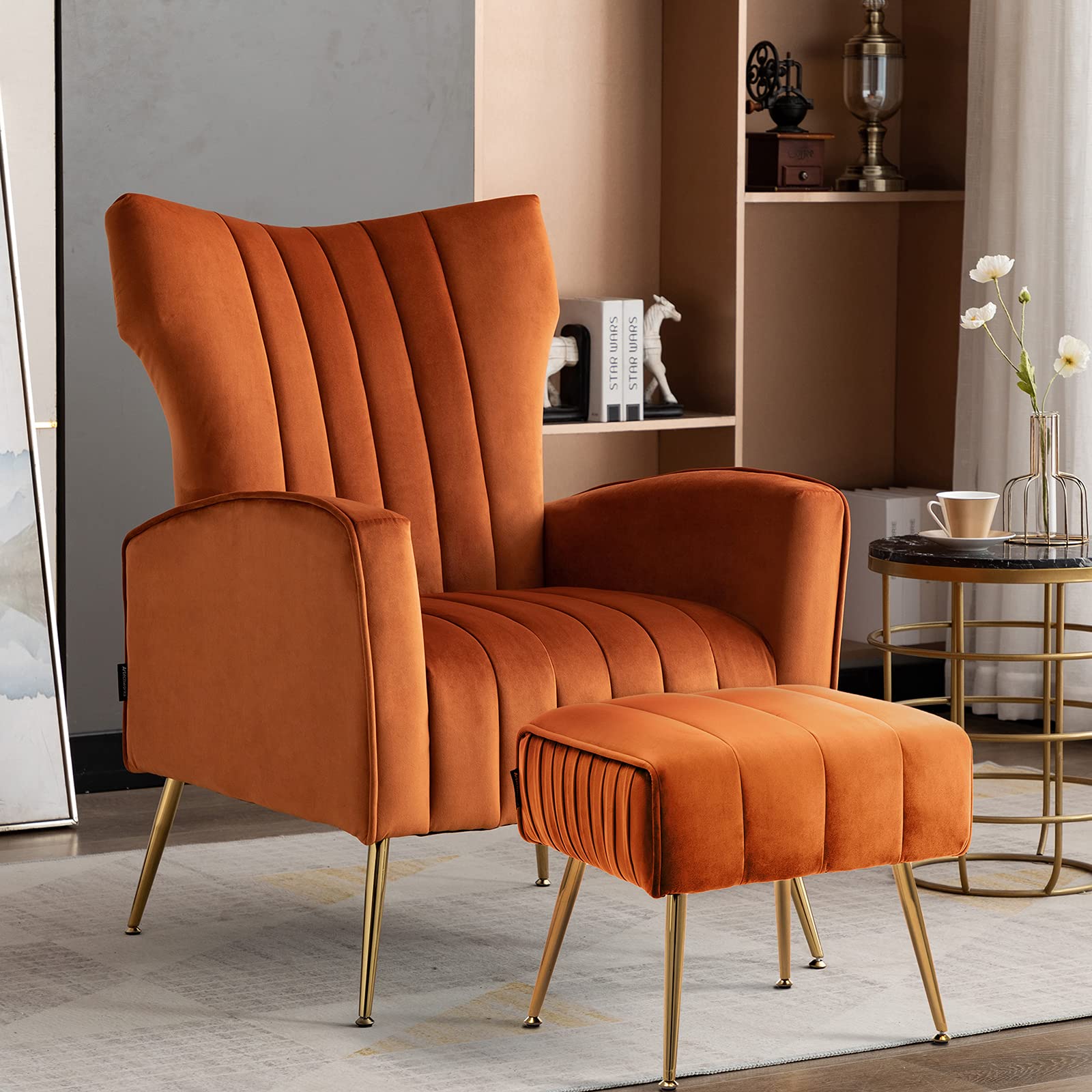 Accent Chair with Metal Gold Legs Velvet Upholstered Arm Club Leisure Modern Chair for Living Room Bedroom Patio, Caramel Color,