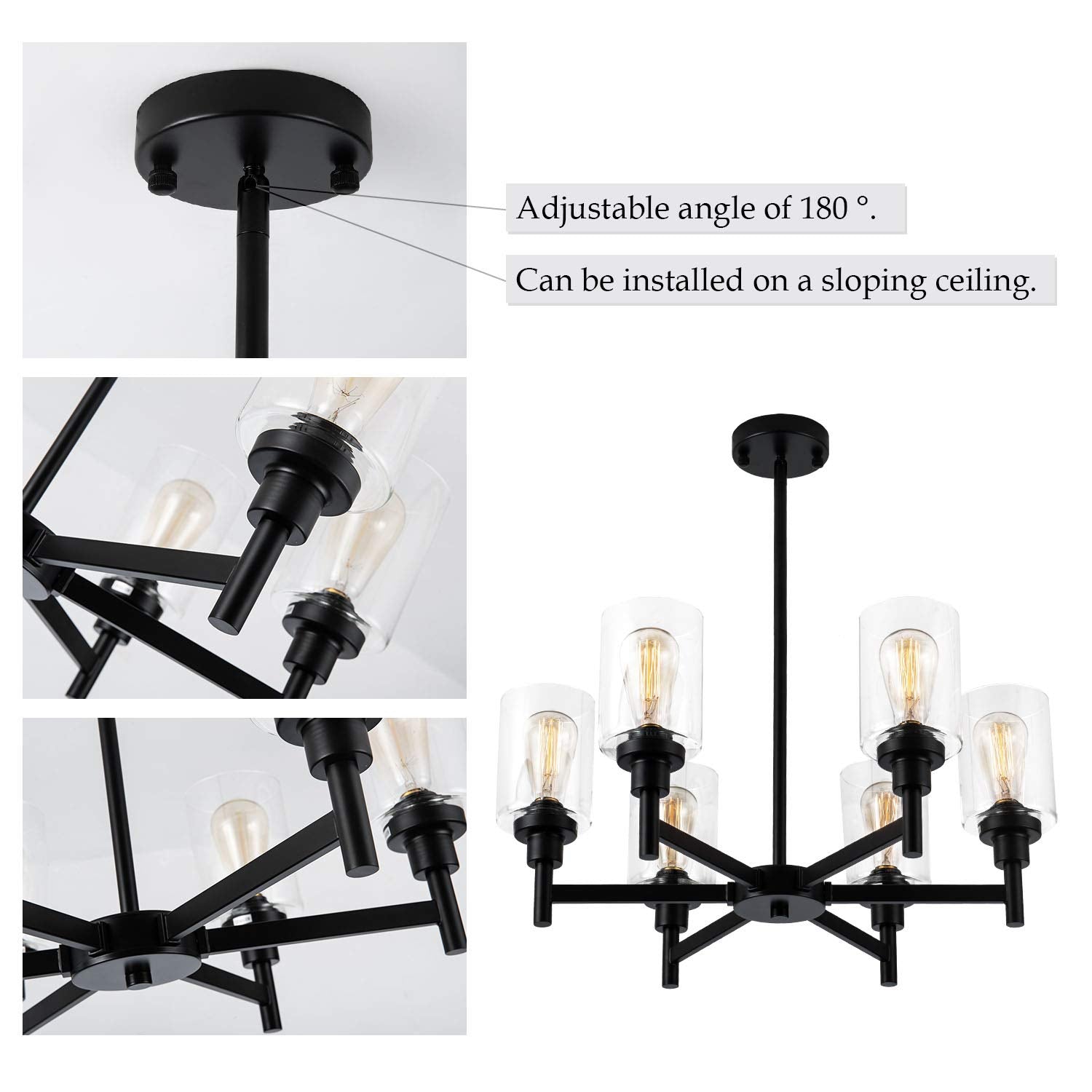 Farmhouse Chandelier with Cylinder Clear Glass 6 Light Vintage Black Bedroom Kitchen