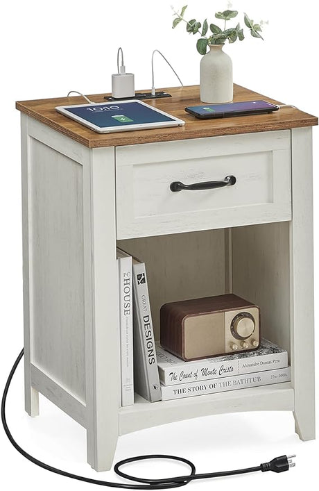 Farmhouse Nightstand with Charging Station, Bedside Table with Drawer